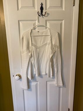 Free People White Lace-Trim Ribbed Long Sleeve Top Cardigan